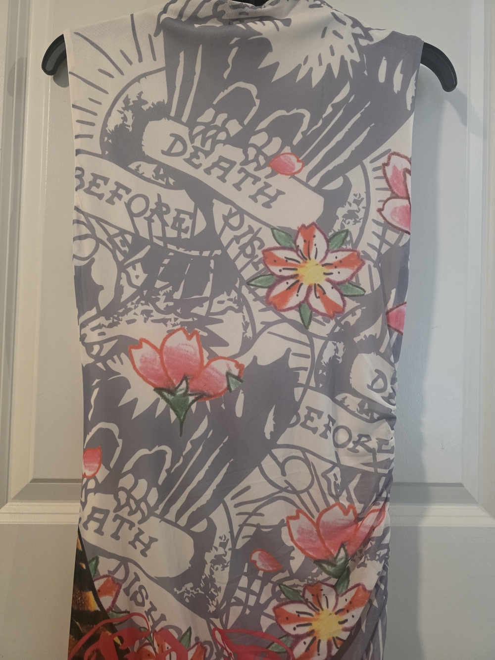 Ed Hardy Grey Midi Dress with Pink Floral & Orange Tiger Print - Picture 4 of 5